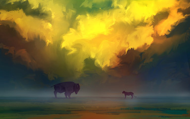 Meeting lion and bison over the earth horizon on a background of fiery sky. © jenteva