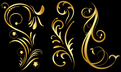 set of golden floral elements on a black background,Ornamental border,swirls and flowers,Decorative design element for page decoration cards,wedding,paper,banner background.