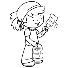 Girl painting with a paint brush and a paint bucket. Vector black and white coloring page.