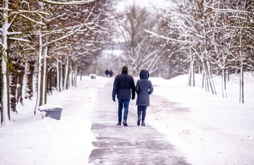 Fototapeta na wymiar A guy and a girl walking in winter Park
