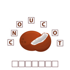 Game words puzzle coconut. Tropical fruit.Education developing child.Riddle for preschool.Flat illustration cartoon character vector.