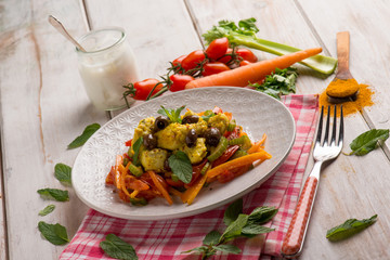 chicken stewed with curry carrots mint and olives