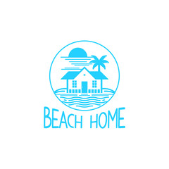 Vector image of a house on the beach, with coconut trees and sunlight around it.