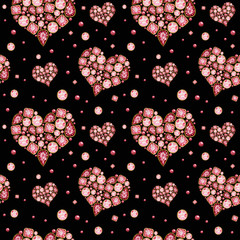 Seamless pattern Watercolor Heart from red pink crystal with gold element on black background. Fashion brilliant Beautiful jewelry. Wedding Love or Valentine's Day banner, poster, card texture fabric