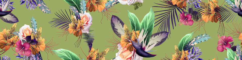 Panele Szklane  Kwiatowy wzór z tropikalnych kwiatów na zielonym tle. Projekt szablonu do tekstyliów, wnętrz, ubrań, tapet. Ilustracja wektorowa. Sztuka botaniczna.