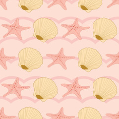 Seamless nautical pattern with seashells and starfish on pink waves background