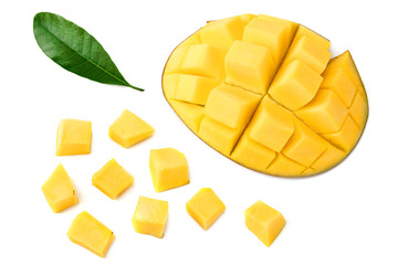 mango with slices and green leaves isolated on white background. healthy food. top view