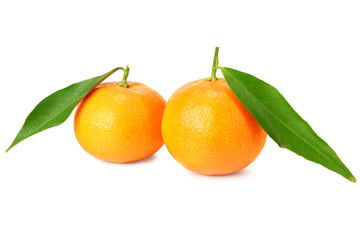 mandarin with green leaf isolated on white background