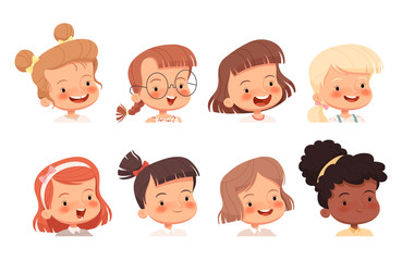 Children's portraits for avatars. Girls heads. Vector illustration