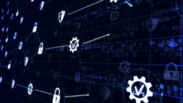 Modern concept of cyber security, digital protection and computer safety. Connection line with cyber symbols 3d rendering animation. Loopable seamless futuristic digital background.