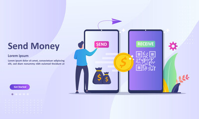 Send Money Concept, Money transfer to e-wallet, financial savings and online payment Suitable for web landing page, ui, mobile app, banner template. Vector Illustration