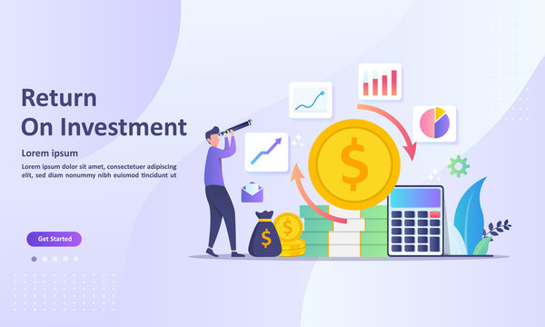 ROI Concept, Return On Investment, People Managing Financial Chart, Profit Income,  Suitable For Web Landing Page, Ui, Mobile App, Banner Template. Vector Illustration. 
