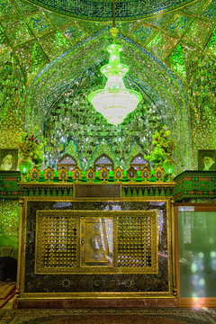 SHIRAZ, IRAN - NOVEMBER 22, 2016: Mirrored interior of Ali Ibn Hamza shrine in Shiraz. Traditional decorative work in a mosaic of mirror glass.