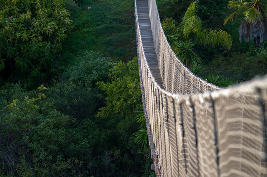 Fototapeta A hanging bridge is a primitive type of bridgein which the deck of the bridge lies on two parallel load-bearing cables that are anchored at eather end.
