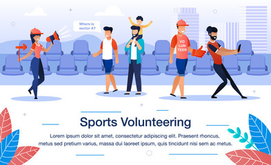 Welfare Sports Volunteering Trendy Flat Vector Banner, Poster Template. Female, Male Volunteers Helping Tourists or Event Guests to Find Their Seats on Stadium During Game or Competition Illustration