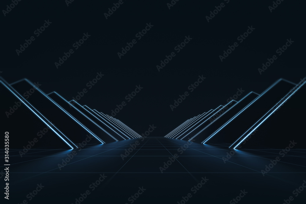 Poster Abstract futuristic with glowing neon light and grid line pattern background. Technology style or geometric backdrops. 3D rendering.