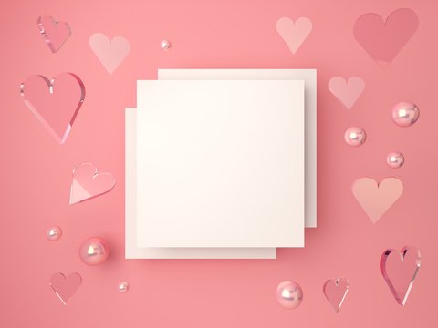 3d minimal Valentine’s scene, romantic hearts falling. Abstract scene gold pink and glass shapes with blank space for banner, pink pastel colors backgroud. Empty mock up, love card concept. 3d render.