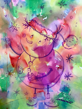 Cheerful snowman on a watercolor background. Children's illustration.