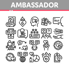 Ambassador Creative Collection Icons Set Vector Thin Line. Loudspeaker And Gift, Human Holding Heart And Speaking, Ambassador Concept Linear Pictograms. Monochrome Contour Illustrations