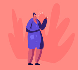 Adult Self-confident Woman Stand Outdoors Enjoying Smoking Cigarette and Blowing Rings of Smoke. Female Character Having Drug Addiction. Health Care Social Problem Cartoon Flat Vector Illustration
