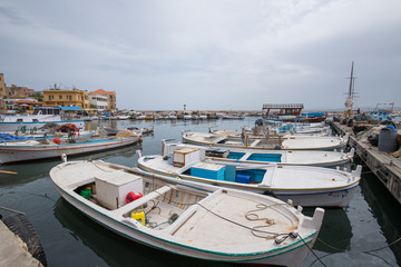 Boats in the port of the city of Tyre. Tyre is an ancient Phoenician city. Tyre, Lebanon - June, 2019