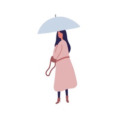 Young female with umbrella flat vector illustration. Autumn season, rainy day, stroll under rain. Woman wearing raincoat, girl walking alone faceless character isolated on white background.