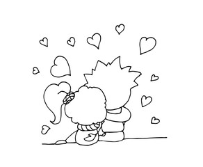 Coloring book for kids - smiling boy sitting with a girl together. Valentines day. 14 February. Black and white cute cartoon hand drawing kids. Vector illustration