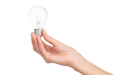 Closeup of woman's hand holding old type of light bulb. - 314040751