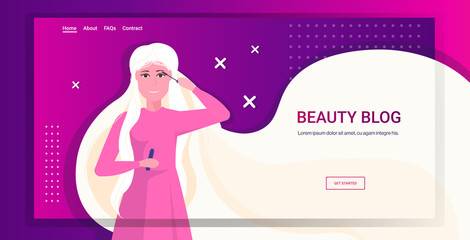 beauty blogger applying mascara woman vlogger showing trend makeup tutorial blogging concept portrait horizontal copy space vector illustration