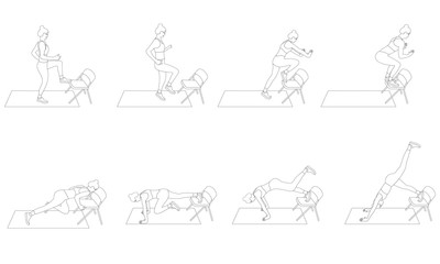 Set of young girls doing exercises in the gym. Beautiful woman doing exercises with chair. Flat vector illustration.  Line design.