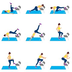 Set of young girls doing exercises in the gym. Beautiful woman doing exercises with chair. Flat vector illustration.  Line design. - 314041397