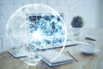 Multi exposure of business theme icons and work space with computer background. Concept of success.