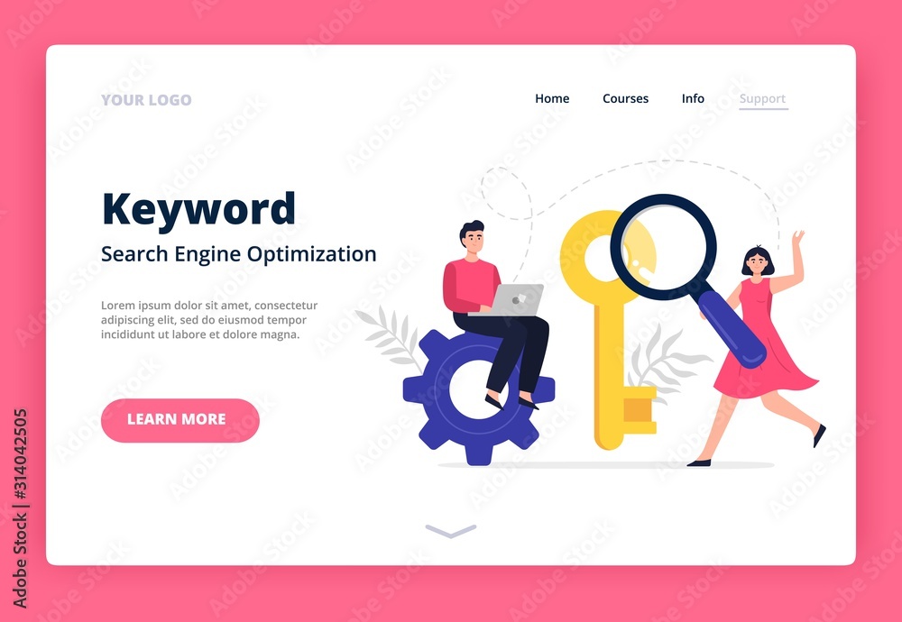 Fototapete landing page template on search engine optimization theme. web developers with magnifying glass sear
