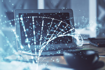 Desktop computer background and DNA drawing. Double exposure. Science concept.