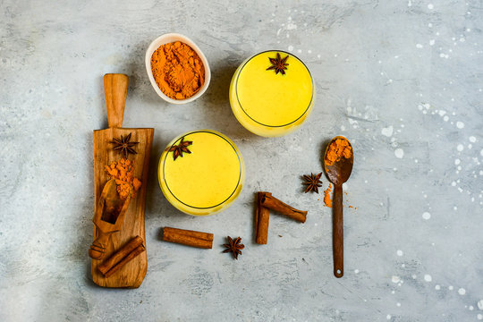 Turmeric Golden Milk Latte With Spices. Detox, Immune Boosting, Anti Inflammatory Healthy Cozy Drink