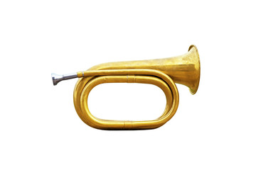 Old hunting horn. Trumpet musical metal instrument. Brass bugle isolated on a white background