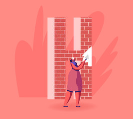 Thank You Lettering Spelling, Gratitude Concept. Cheerful Woman in Worker Helmet Holding Trowel Putty Huge Letter H made of Red Brick. Acknowledgment for Good Work Cartoon Flat Vector Illustration