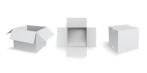 Three White Opened Cardboard Box Mockup Vector Illustration Isolated on White Background