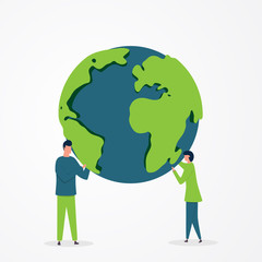 Man and woman with planet in their hands. Vector