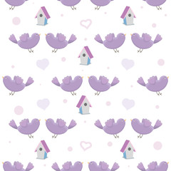Birds seamless pattern in lilac color on white background. Cute birds, birdhouses, hearts illustrations. Cartoon style. Vector childish design. Prints, textile kids design. Kid fabric prints.