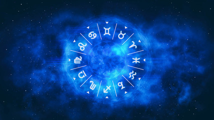 Blue astrological wheel with zodiac symbols and night starry sky. Horoscope background digital illustration.