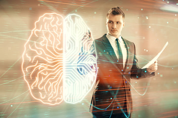 Man and brain icon hologram. Double exposure. Concept of data development