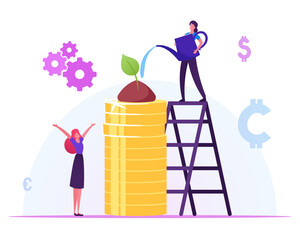 Corporate Social Responsibility Concept. Business Woman Watering Green Plant Growing on Pile of Gold Coins. Eco Model for Internal Organizational Policy or Strategy Cartoon Flat Vector Illustration