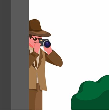 man hide behind walls while using camera to take picture. spy, detective or paparazzi symbol cartoon illustration editable vector 