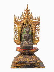 Fototapeta premium view of ancient bronze seated Chiang Saen buddha statue on gilded wooden base isolated on white background, early Chiang Saen period, Lanka Style Art, 11th-13th Century. 