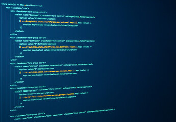Javascript lines of code for website application. Script language for software development. React...