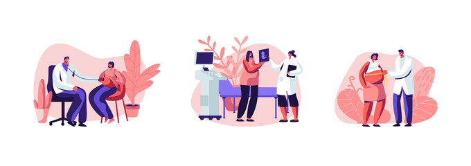 Healthy Pregnancy Set, Pregnant Characters at Doctor Appointment Medical Check Up for Ultrasound, Measuring Belly, Listening Baby Heart. Women Waiting Newborn Baby. Cartoon Flat Vector Illustration