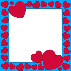 Postcard Valentine's Day. Red bright repeating hearts in a square frame on a white and blue background with a copy space for the cover of a congratulation, message, holiday gift
