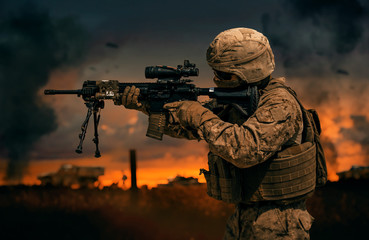 Military helicopter, forces and machines in the farm to reach city center at sunset