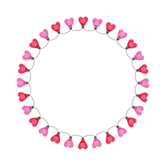 Bright Colorful Valentine's Day Holiday Heart String Lights on White Background Round Frame